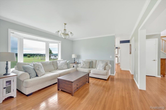 1647 Higley Rd, Lapeer, MI 48446 - living area featuring a chandelier, light wood-style floors, crown molding, and stairs