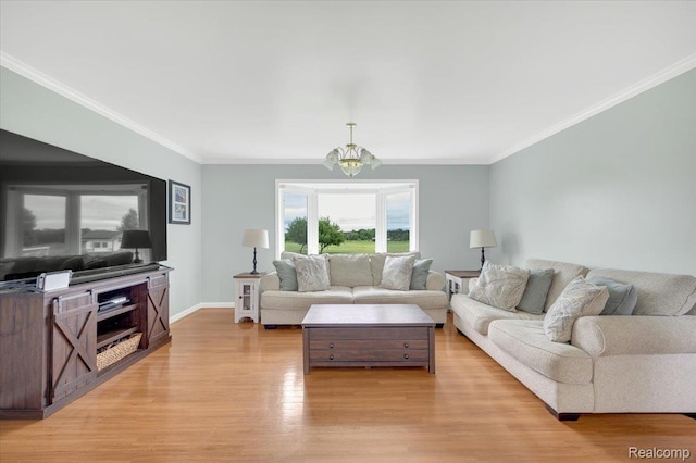 1647 Higley Rd, Lapeer, MI 48446 - living room with crown molding, light wood-style floors, and a chandelier