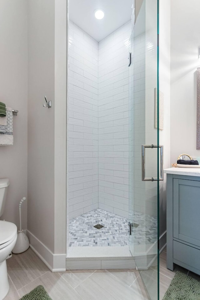 7229 Lakeview Ave, South Haven, MI 49090 - bathroom featuring a stall shower, tile patterned flooring, vanity, and recessed lighting
