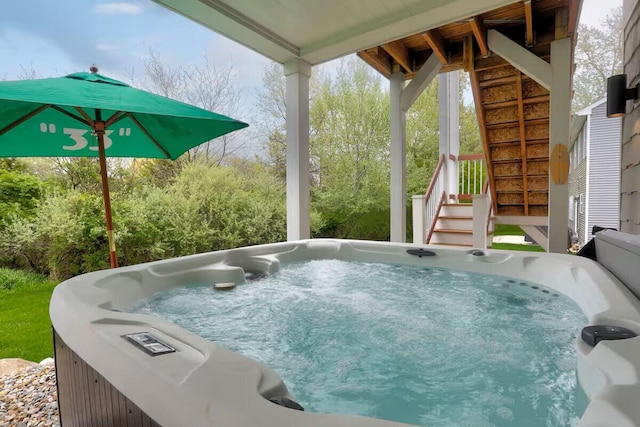 7229 Lakeview Ave, South Haven, MI 49090 - view of patio / terrace featuring a hot tub and stairs