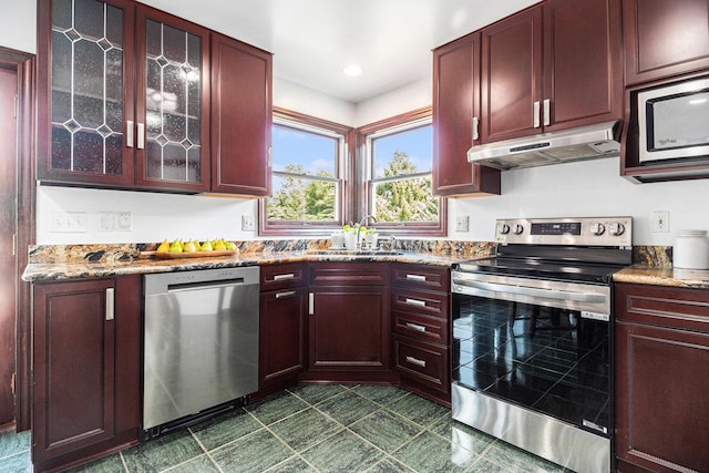 8411 Reese Ln, Ann Arbor, MI 48103 - kitchen featuring appliances with stainless steel finishes, under cabinet range hood, reddish brown cabinets, light stone countertops, and recessed lighting