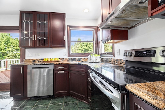 8411 Reese Ln, Ann Arbor, MI 48103 - kitchen featuring stainless steel appliances, ventilation hood, stone counters, glass insert cabinets, and recessed lighting