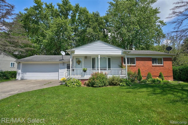 4391 Ashlawn Dr, Flint, MI 48507 - view of front facade featuring covered porch, concrete driveway, an attached garage, a front lawn, and brick siding