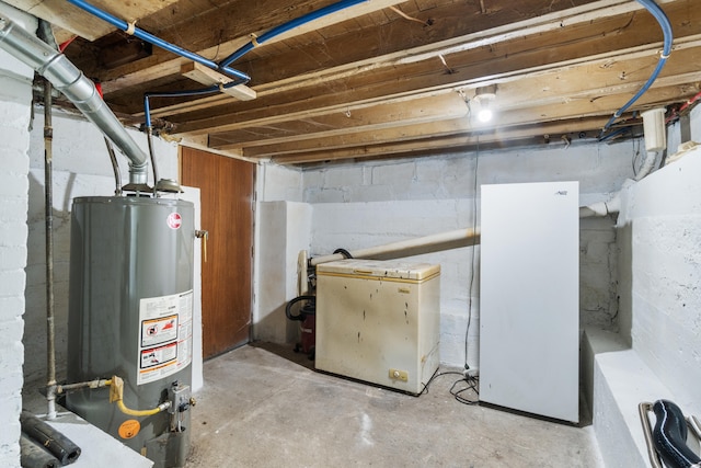 210 S Forbes St, Jackson, MI 49203 - unfinished basement featuring gas water heater, freestanding refrigerator, and fridge