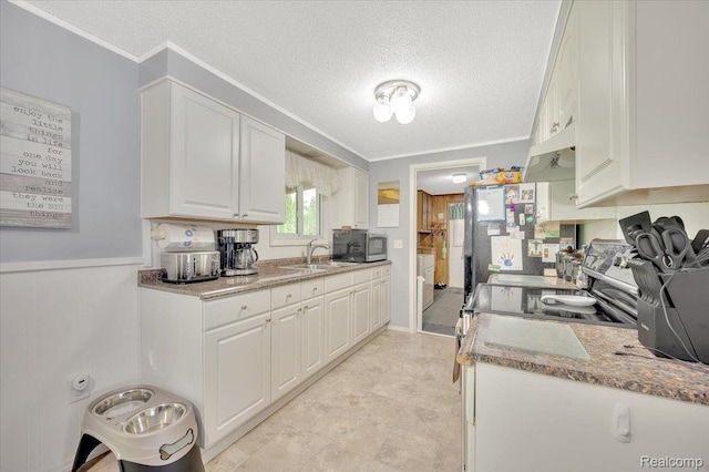 6516 Weyer Rd, Imlay City, MI 48444 - kitchen with stainless steel appliances, under cabinet range hood, white cabinets, a textured ceiling, and crown molding