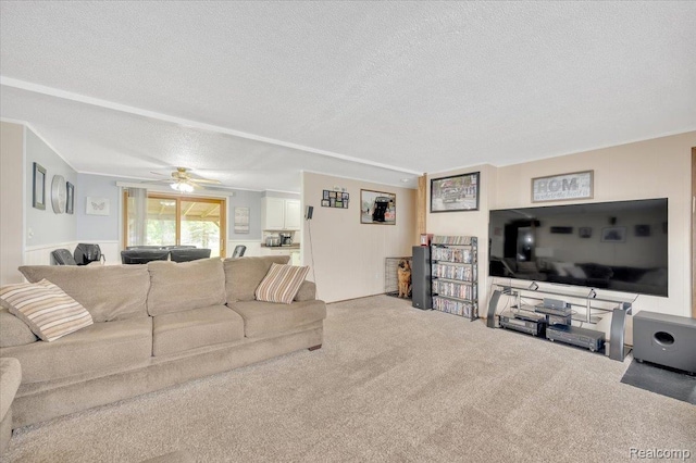 6516 Weyer Rd, Imlay City, MI 48444 - living room featuring a textured ceiling, carpet, and ceiling fan