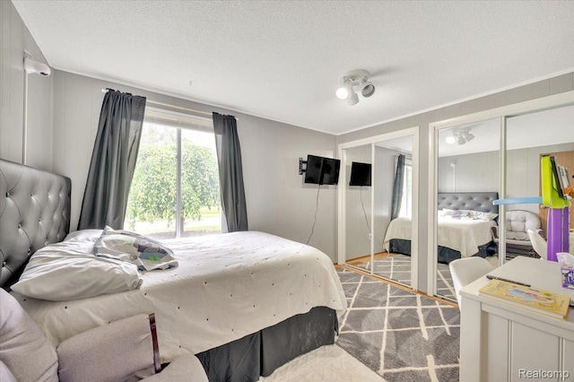 6516 Weyer Rd, Imlay City, MI 48444 - bedroom featuring multiple closets, a textured ceiling, and light carpet