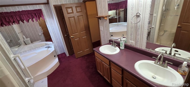 19270 W Brant Rd, Brant, MI 48614 - bathroom featuring wallpapered walls, a bath, and double vanity
