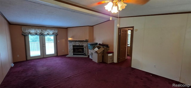 19270 W Brant Rd, Brant, MI 48614 - unfurnished living room with crown molding, carpet, a brick fireplace, a ceiling fan, and a textured ceiling