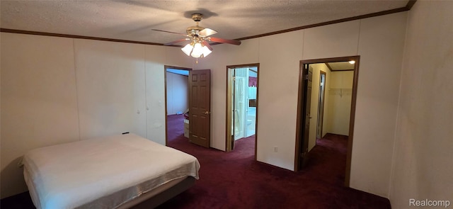 19270 W Brant Rd, Brant, MI 48614 - bedroom with ornamental molding, dark carpet, a textured ceiling, a decorative wall, and ceiling fan
