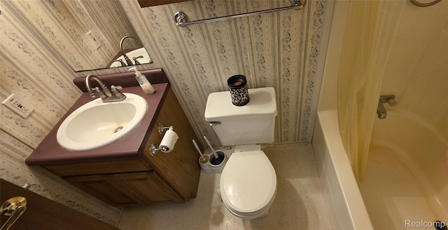 19270 W Brant Rd, Brant, MI 48614 - bathroom with wallpapered walls, shower / bath combination with curtain, and vanity