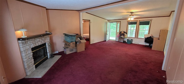 19270 W Brant Rd, Brant, MI 48614 - living room with ornamental molding, a fireplace, ceiling fan, and carpet