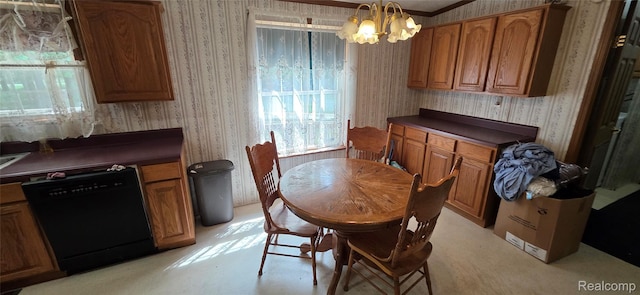 19270 W Brant Rd, Brant, MI 48614 - dining area featuring wallpapered walls, a chandelier, and plenty of natural light