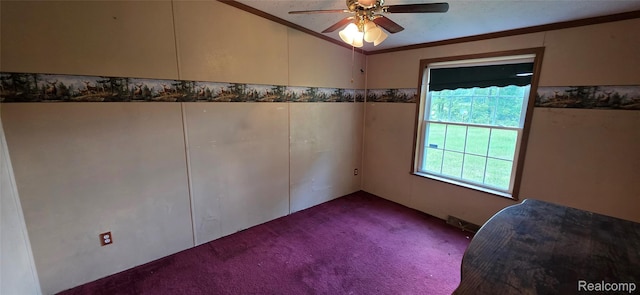 19270 W Brant Rd, Brant, MI 48614 - empty room with carpet flooring, vaulted ceiling, crown molding, and ceiling fan