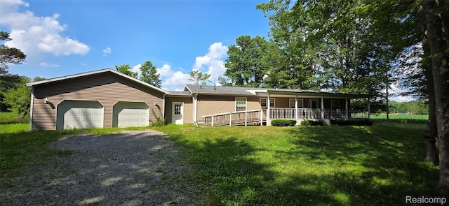 19270 W Brant Rd, Brant, MI 48614 - ranch-style house featuring a garage, a front lawn, and gravel driveway