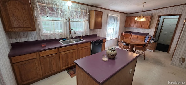 19270 W Brant Rd, Brant, MI 48614 - kitchen featuring crown molding, black dishwasher, wallpapered walls, brown cabinetry, and dark countertops
