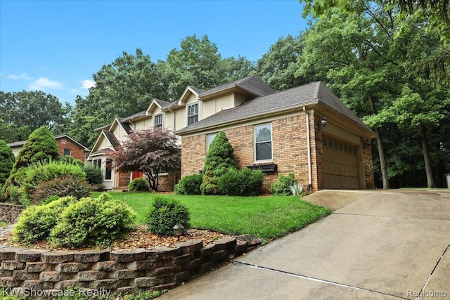 5152 Shenandoah Ct, West Bloomfield, MI 48323 - view of front of house with concrete driveway, brick siding, a front yard, a garage, and roof with shingles