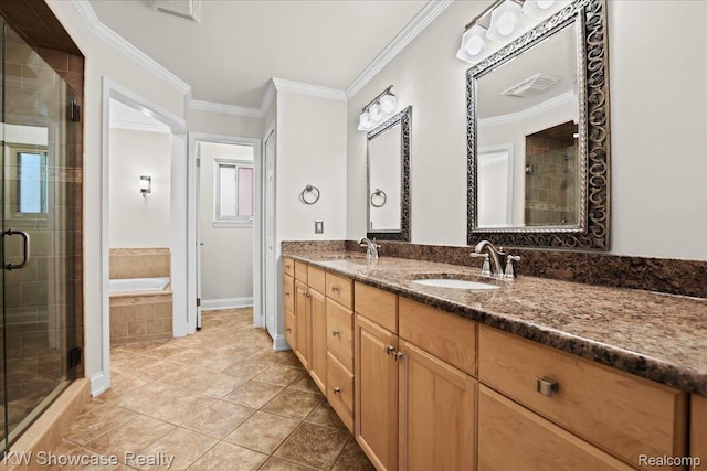 5152 Shenandoah Ct, West Bloomfield, MI 48323 - full bath with a stall shower, a bath, double vanity, ornamental molding, and tile patterned floors