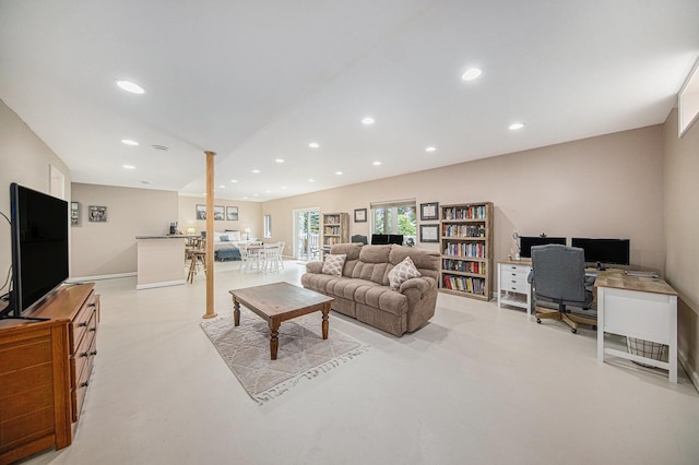 3544 Lexington Cir, Dexter, MI 48130 - living room featuring an office area, finished concrete floors, and recessed lighting