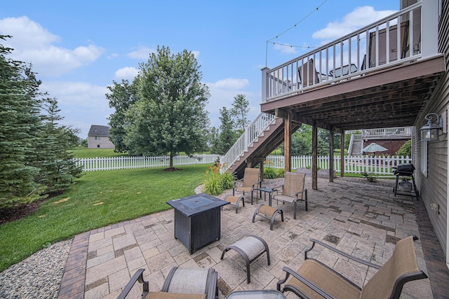 3544 Lexington Cir, Dexter, MI 48130 - fenced backyard featuring stairway, a patio, and a deck