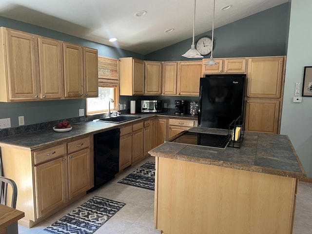 2564 Bialik Rd, Manistee, MI 49660 - kitchen with black appliances, vaulted ceiling, light brown cabinets, a center island, and light tile patterned flooring