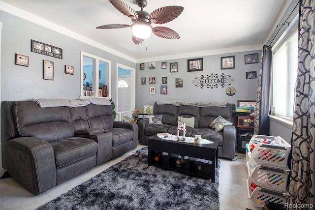 34919 Glover, Wayne, MI 48184 - living room with a ceiling fan and ornamental molding