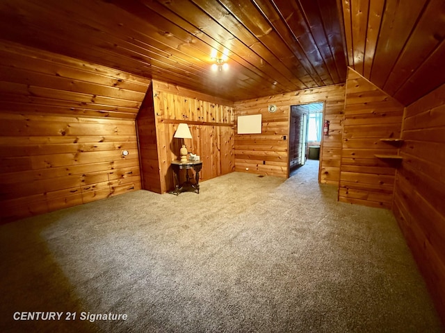 3525 Shattuck Rd, Saginaw, MI 48603 - additional living space featuring wooden walls, wooden ceiling, lofted ceiling, and carpet