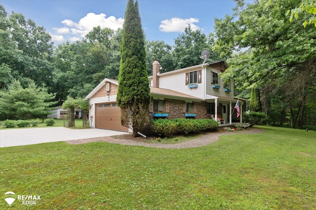 11206 E Atherton Rd, Davison, MI 48423 - traditional-style house with covered porch, a front yard, a chimney, concrete driveway, and a garage