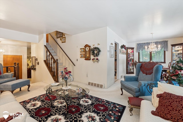11206 E Atherton Rd, Davison, MI 48423 - carpeted living room with a chandelier and stairway