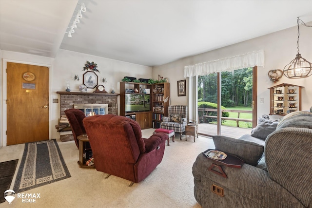 11206 E Atherton Rd, Davison, MI 48423 - living area featuring light carpet and a brick fireplace