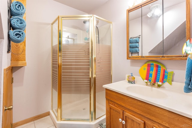 5370 N Lake Sanford Rd, Sanford, MI 48657 - full bathroom with vanity, a stall shower, and tile patterned floors