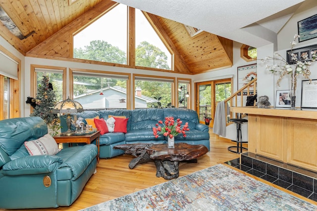 5370 N Lake Sanford Rd, Sanford, MI 48657 - living room featuring high vaulted ceiling, plenty of natural light, wood-type flooring, a skylight, and a wood ceiling with exposed beams