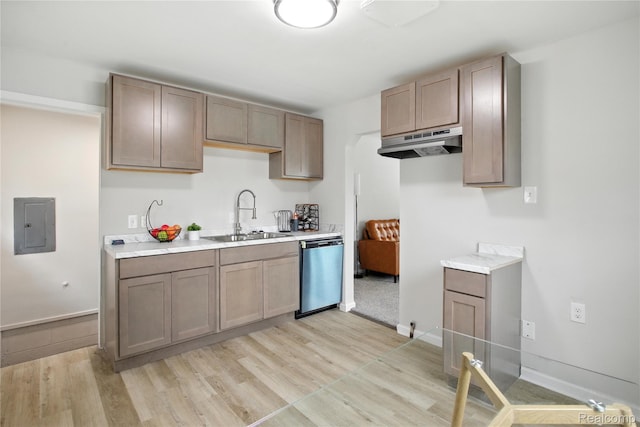3887 Moore Ave, Allen Park, MI 48141 - kitchen featuring stainless steel dishwasher, under cabinet range hood, light wood finished floors, and light countertops