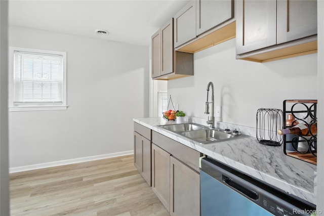3887 Moore Ave, Allen Park, MI 48141 - kitchen featuring dishwasher, light wood finished floors, and light stone counters