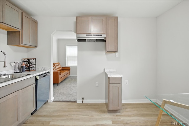 3887 Moore Ave, Allen Park, MI 48141 - kitchen featuring stainless steel dishwasher, light wood-style floors, light countertops, and under cabinet range hood