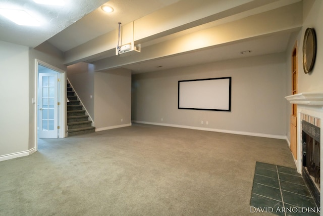 401 Erin Isle Ct, Holland, MI 49424 - home theater with carpet floors, a tile fireplace, and recessed lighting