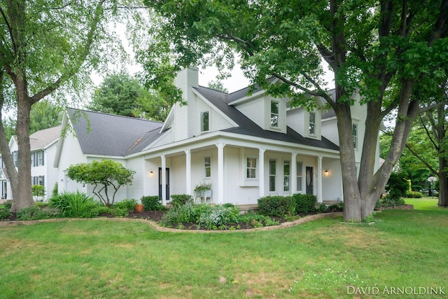 401 Erin Isle Ct, Holland, MI 49424 - view of front facade featuring a chimney, a front yard, and covered porch