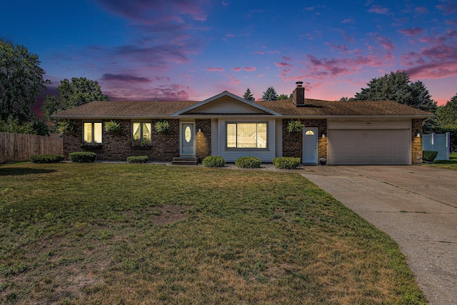 10850 Rajah Dr, Zeeland, MI 49464 - ranch-style house with a garage, a chimney, concrete driveway, and brick siding