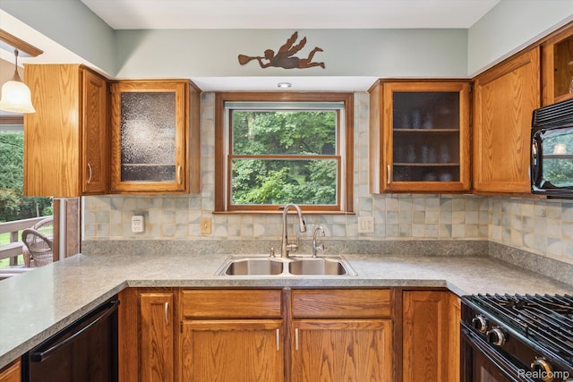 7740 Athlone Dr, Brighton, MI 48116 - kitchen with dishwashing machine, black microwave, backsplash, and glass insert cabinets