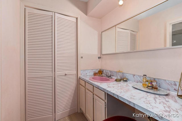1217 El Camino Dr NW, Grand Rapids, MI 49504 - bathroom featuring a closet, double vanity, and wood finished floors