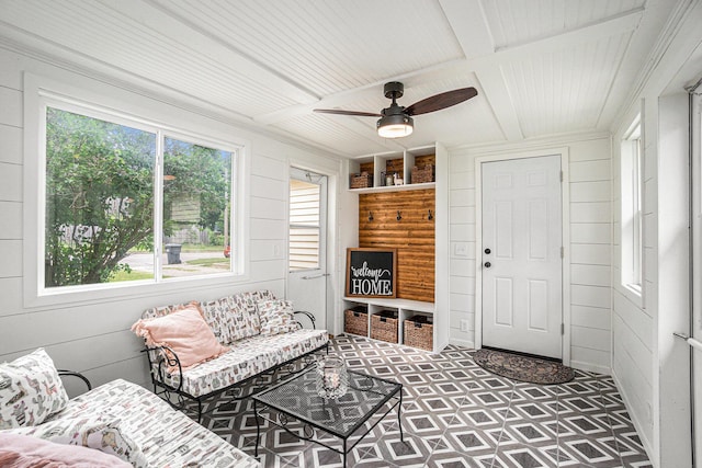 1805 Cambridge Dr, Kalamazoo, MI 49001 - living room featuring coffered ceiling, wood walls, ceiling fan, tile patterned floors, and beam ceiling