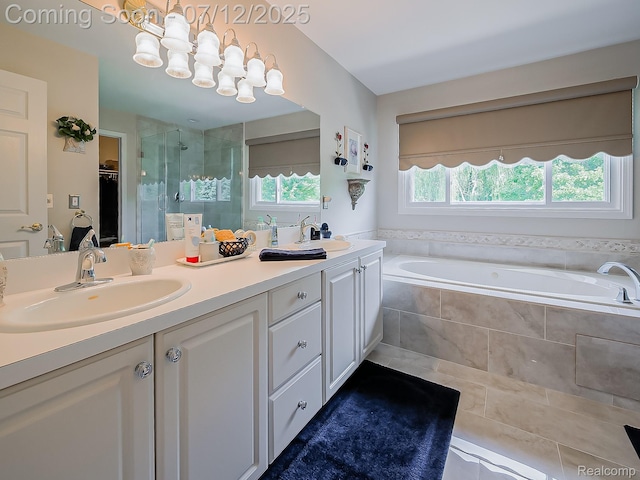 12495 Howland Park Dr, Plymouth, MI 48170 - bathroom with a shower stall, double vanity, tile patterned floors, a bath, and a chandelier