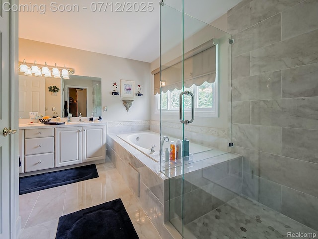 12495 Howland Park Dr, Plymouth, MI 48170 - bathroom with a garden tub, a stall shower, vanity, and tile patterned flooring