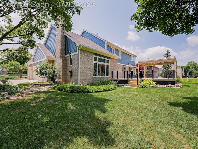 12495 Howland Park Dr, Plymouth, MI 48170 - rear view of property featuring a deck, a lawn, brick siding, a garage, and a chimney