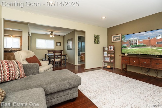 1097 Tienken Ct, Rochester Hills, MI 48306 - living area featuring dark wood-type flooring, recessed lighting, and ceiling fan