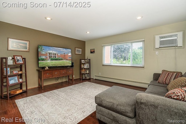 1097 Tienken Ct, Rochester Hills, MI 48306 - living area with a baseboard heating unit, recessed lighting, dark wood-style flooring, and an AC wall unit