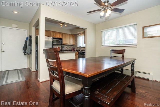 1097 Tienken Ct, Rochester Hills, MI 48306 - dining room featuring baseboard heating, dark wood-type flooring, ceiling fan, and recessed lighting
