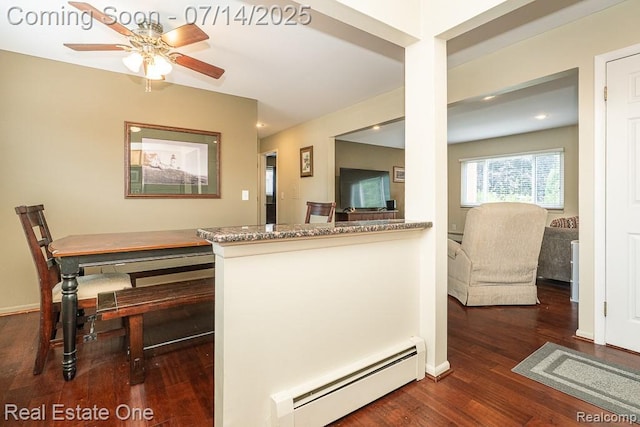 1097 Tienken Ct, Rochester Hills, MI 48306 - kitchen with baseboard heating, ceiling fan, dark wood-style floors, stone countertops, and recessed lighting