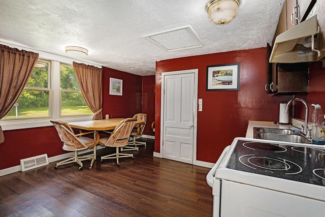 95 W N St, Ionia, MI 48846 - kitchen featuring under cabinet range hood, a textured ceiling, wood finished floors, and white electric range oven