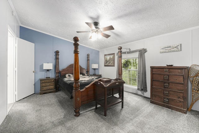 797 Beaver Rd, Bitely, MI 49309 - bedroom with crown molding, carpet flooring, a textured ceiling, and a ceiling fan